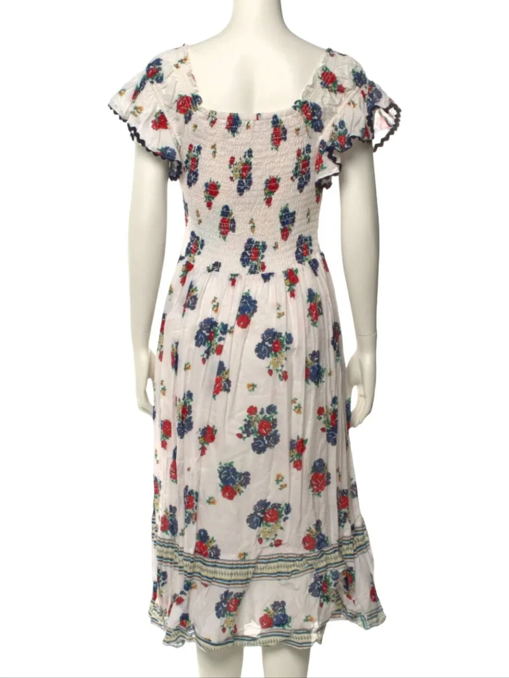 Tory Burch Meadow Folly Cotton Voile Midi Dress with a red and blue floral print
